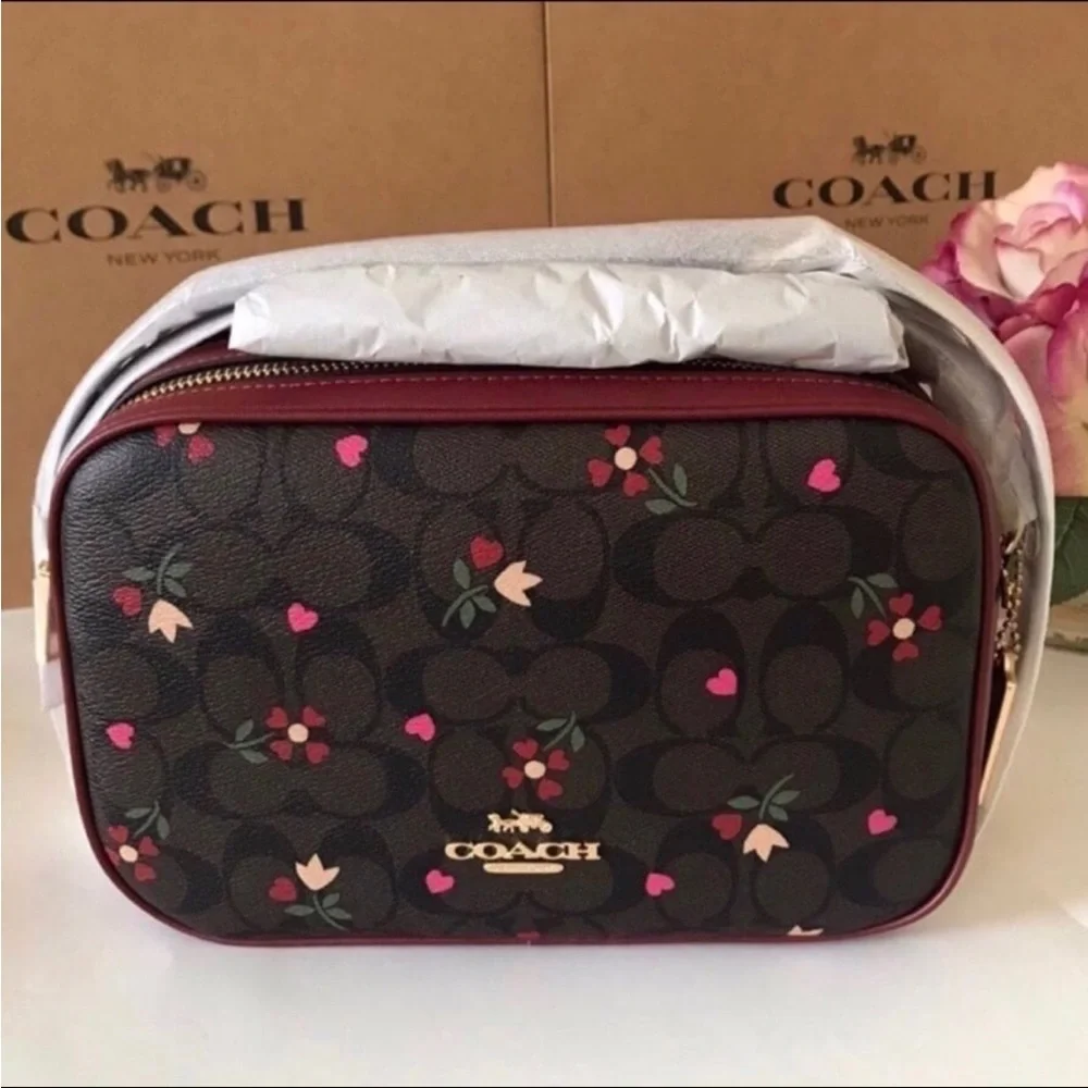 Coach Jes Red Leather Crossbody In Signature Canvas With Heart Petal Print